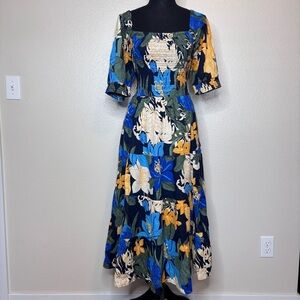 Lands' End Smocked‎ Cotton Dobby Midi Puff Sleeve Tropical Dress Size Large